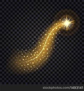 Golden wave with light glowing effect. Shiny star with swirl trail and glitter, isolated design element on transparent background. Vector illustration