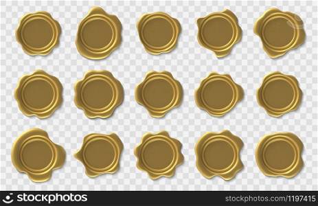 Golden wax seal. Envelope retro post stamp, premium gold royal approval wax seals and security postage certificate and elite diploma vector isolated 3d icons set. Golden seal. Envelope retro post stamp, premium gold royal wax seals and security postage certificate vector isolated icons set