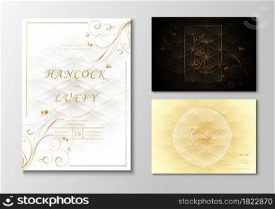 Golden wedding invitation card template. Black, white and gold background elegant with floral design. Vector illustration.Eps10