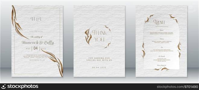 Golden wedding invitation card template luxury design with gold nature leaf frame and watercolor background