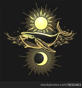 Golden Whale flying in a sky against Sun and Moon Drawn in Engraving style. Vector illustration