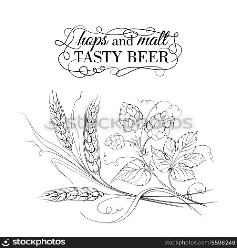 Golden wheat and hop on sepia. Vector illustration.