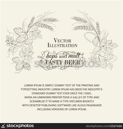 Golden wheat and hop on sepia. Vector illustration.