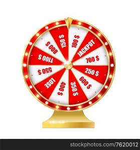 Golden wheel of fortune 3d realistic vector. Big Six Wheel with different money prizes, jackpot and lose red, white segments, gold pointer and lamps on skirting. Casino gambling spinning machine. Golden wheel of fortune 3d realistic vector