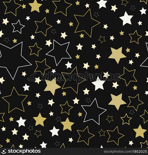 Golden white shining stars in random order against the background of the night sky. Seamless star pattern for christmas and new year. Festive background for invitation. Template for wallpaper, postcards, packaging and textiles. Vector illustration.. Golden white shining stars in random order against the background of the night sky.