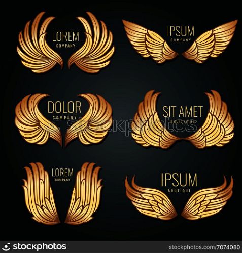 Golden wing logo vector set. Angels and bird elite gold labels for corporate identity design. Angel and eagle flight wings badge illustration. Golden wing logo vector set. Angels and bird elite gold labels for corporate identity design