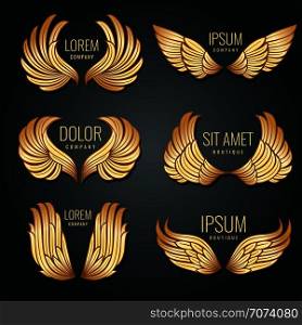 Golden wing logo vector set. Angels and bird elite gold labels for corporate identity design. Angel and eagle flight wings badge illustration. Golden wing logo vector set. Angels and bird elite gold labels for corporate identity design