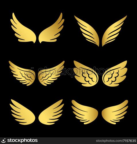 Golden wings vector collection. Angels wings isolated on black background. Illustration of golden angel wing set. Golden wings vector collection. Angels wings isolated on black background