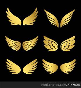 Golden wings vector collection. Angels wings isolated on black background. Illustration of golden angel wing set. Golden wings vector collection. Angels wings isolated on black background