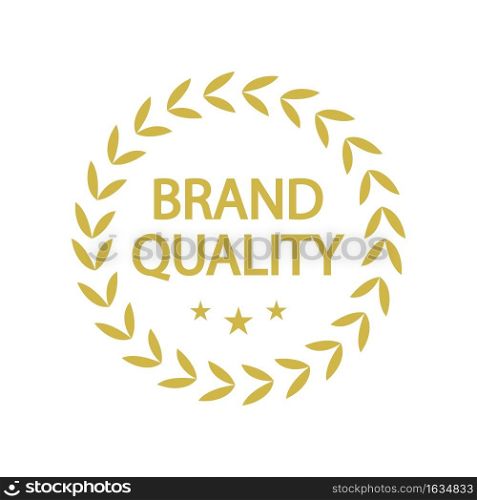 Golden wreath of leaves stamp vector design. Business success award. Isolated outline illustration. Guarantee badge. Approved seal with text. Decorative sticker on white background. Golden wreath of leaves stamp vector design