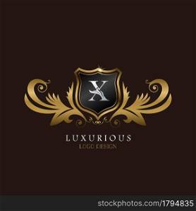 Golden X Logo Luxurious Shield, creative vector design for luxury brand identity.
