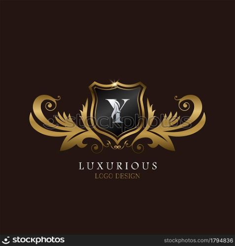 Golden Y Logo Luxurious Shield, creative vector design for luxury brand identity.