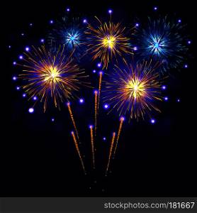 Golden yellow blue vector fireworks over night sky. 4th of July Independence Day, New Year holidays background