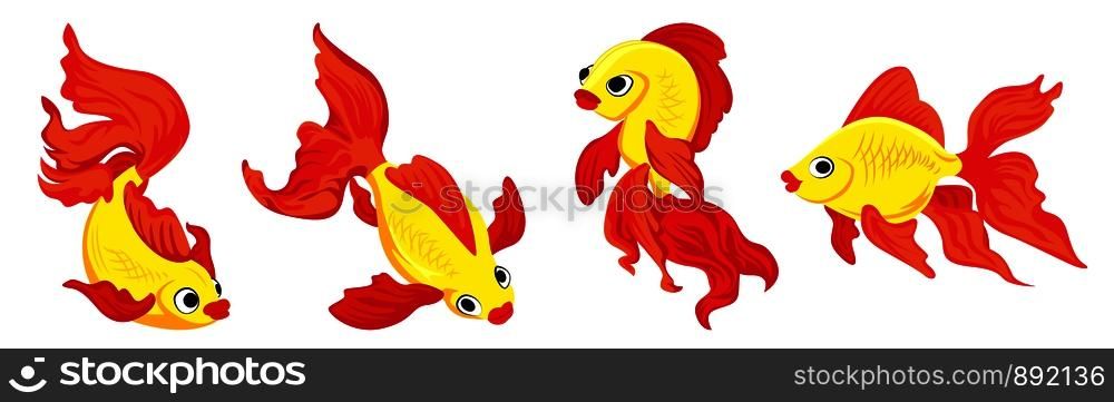 Goldfish icons set. Cartoon set of goldfish vector icons for web design. Goldfish icons set, cartoon style
