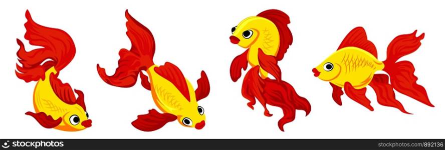 Goldfish icons set. Cartoon set of goldfish vector icons for web design. Goldfish icons set, cartoon style