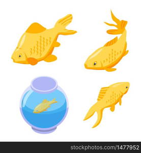 Goldfish icons set. Isometric set of goldfish vector icons for web design isolated on white background. Goldfish icons set, isometric style