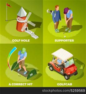 Golf 2x2 Isometric Design Concept. Golf 2x2 design concept with correct hit cabriolet supporter and golf hole isometric square compositions vector illustration