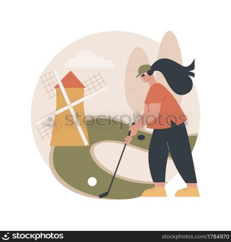 Golf abstract concept vector illustration. Mini golf world ch&ionship, outdoor recreation, country club tournament, rent equipment, personal training service, active lifestyle abstract metaphor.. Golf abstract concept vector illustration.