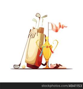 Golf Bag And Trophy Retro Icon . Golf bag with ball clubs shoes and tour championship winner trophy retro cartoon composition icon vector illustration
