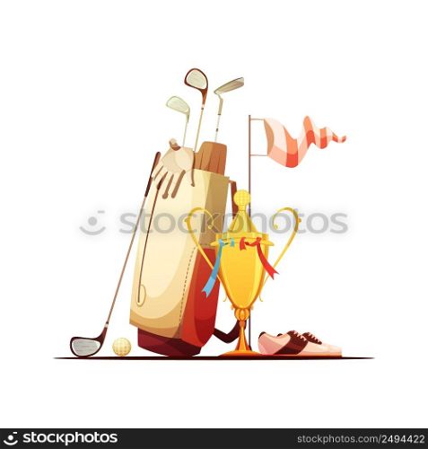 Golf bag with ball clubs shoes and tour championship winner trophy retro cartoon composition icon vector illustration . Golf Bag And Trophy Retro Icon