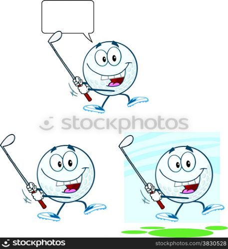 Golf Ball Cartoon Character Swinging A Golf Club. Collection
