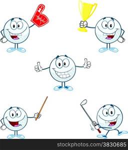 Golf Ball Cartoon Character With Five Different Poses. Collection