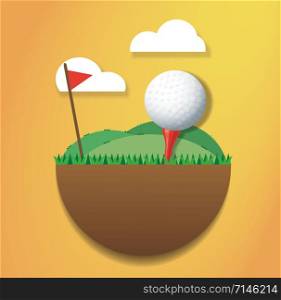 Golf ball on ground island and red flag vector