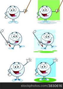 Golf Balls Cartoon Character With Background Different Poses. Collection