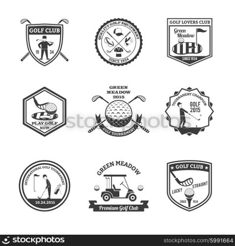 Golf Black White Emblems Set . Golf black white emblems set with golf clubs and champions symbols flat isolated vector illustration