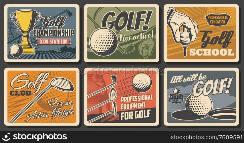 Golf championship cup and golfer sport school, vector vintage retro vector posters. Professional golf club tournament and equipment shop, ball and stick on green course. Retro posters, golf club league championship