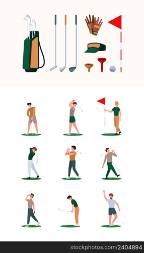 Golf characters. Sport healthy activities white ball red flag hit stick active game garish vector accessories for golfiers. Illustration sport golf character, healthy player. Golf characters. Sport healthy activities white ball red flag hit stick active game garish vector accessories for golfiers