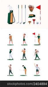 Golf characters. Sport healthy activities white ball red flag hit stick active game garish vector accessories for golfiers. Illustration sport golf character, healthy player. Golf characters. Sport healthy activities white ball red flag hit stick active game garish vector accessories for golfiers
