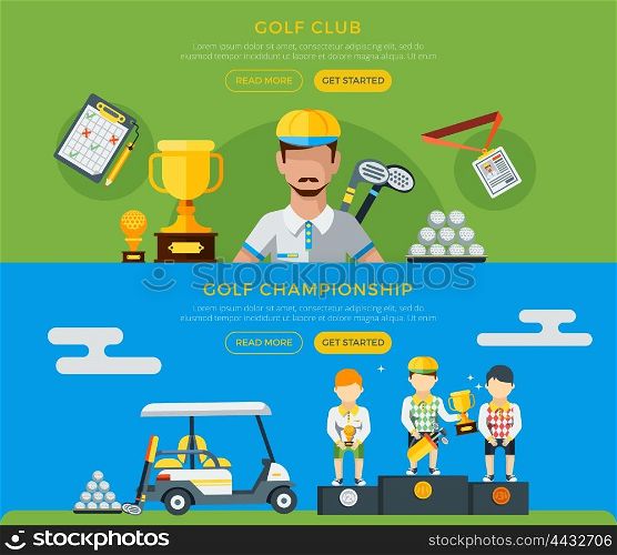 Golf Club And Championship Banners. Golf club and championship horizontal green and blue banners with players golf car and equipment flat vector illustration