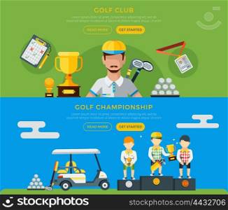 Golf Club And Championship Banners. Golf club and championship horizontal green and blue banners with players golf car and equipment flat vector illustration