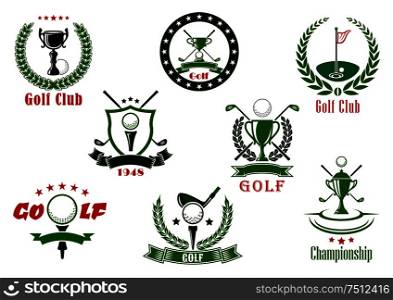 Golf club and tournament sport icons in red and green colors with game items. Golf club and tournament sport icons