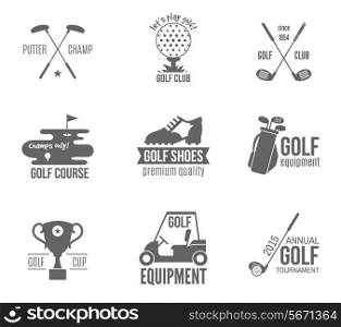 Golf club championship and accessories label black set isolated vector illustration