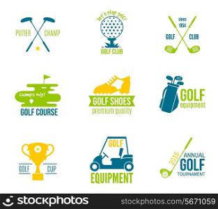 Golf club championship and equipment label colored set isolated vector illustration
