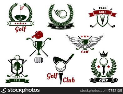 Golf club emblems or logo with balls, clubs, tees, putting green, trophies, supplemented by stars, crown, wings, cap, shields, laurel wreaths and ribbon banners. Golf club emblems and icons with game items