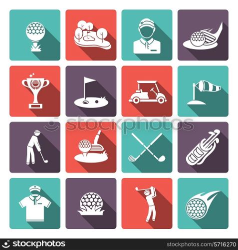Golf club flat white icons set set with sport game inventory tournament isolated vector illustration