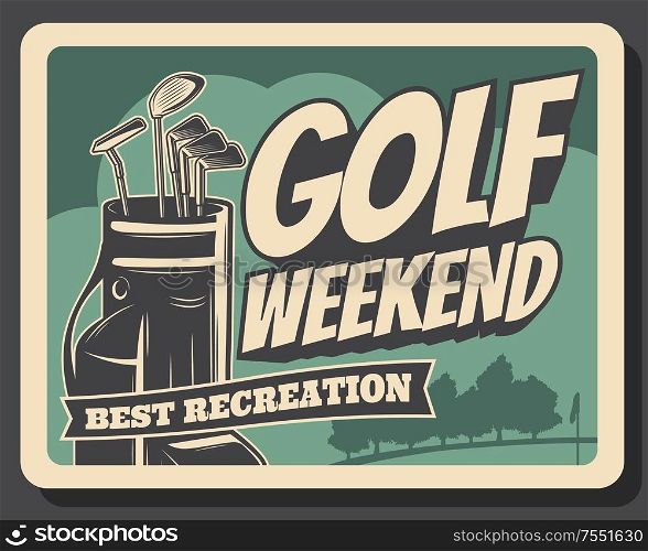 Golf club, premium leisure sport and best recreation weekend vintage retro poster. Vector professional golf championship tournament, golf ball and stick in bag and flag on putter. Golf club tournament, leisure sport club