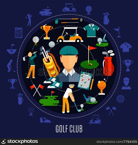 Golf club round composition including icons with game equipment and players on dark blue background vector illustration. Golf Club Round Composition