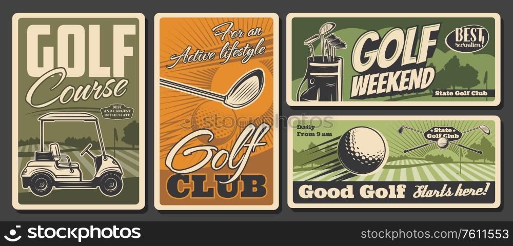 Golf club, sport activity and leisure, vector vintage retro posters. Weekend golf sport training on green field course, golfer equipment balls and clubs kit in golf cart. Golf sport clubs and equipment, leisure activity