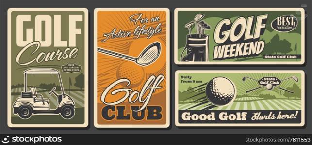 Golf club, sport activity and leisure, vector vintage retro posters. Weekend golf sport training on green field course, golfer equipment balls and clubs kit in golf cart. Golf sport clubs and equipment, leisure activity