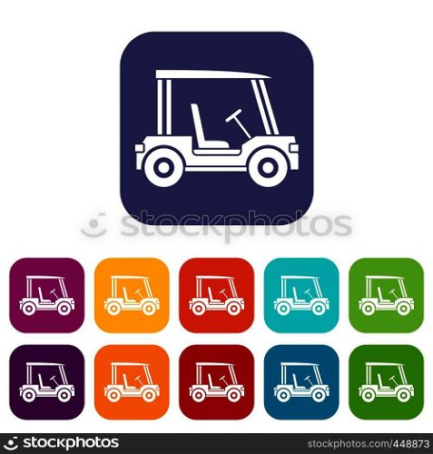 Golf club vehicle icons set vector illustration in flat style In colors red, blue, green and other. Golf club vehicle icons set flat