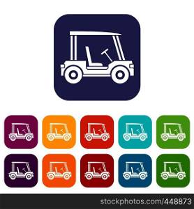 Golf club vehicle icons set vector illustration in flat style In colors red, blue, green and other. Golf club vehicle icons set flat