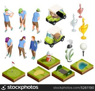 Golf Colored Isometric Decorative Icons. Golf colored isometric decorative icons set of tournament prize cabriolet course areas golfers putters isolated vector illustration