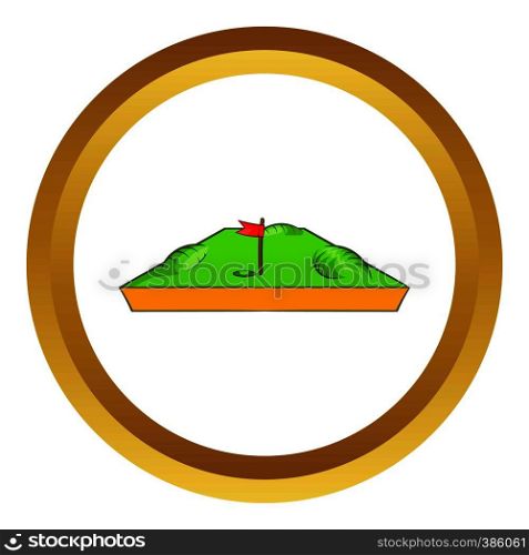 Golf course vector icon in golden circle, cartoon style isolated on white background. Golf course vector icon