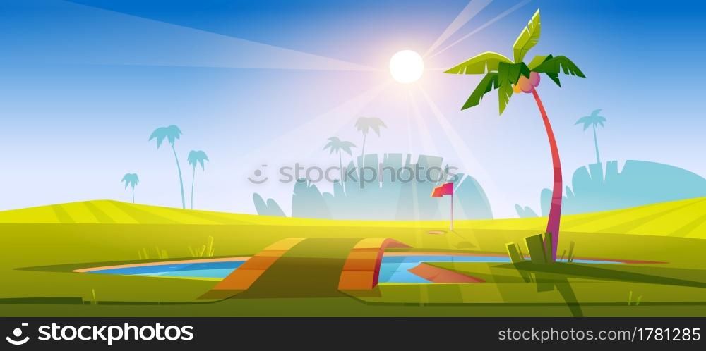 Golf course with green grass, pond with bridge and palm trees. Vector cartoon tropical landscape of sport field with hole for golf ball, pole with red flag and lake. Golf course with green grass and pond