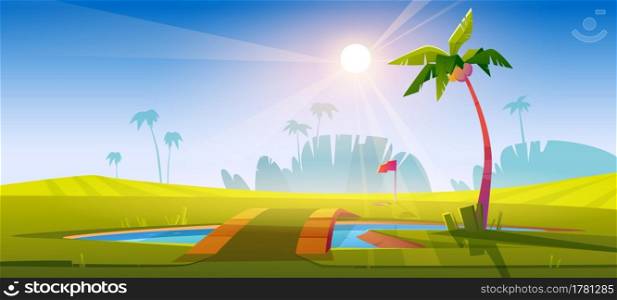 Golf course with green grass, pond with bridge and palm trees. Vector cartoon tropical landscape of sport field with hole for golf ball, pole with red flag and lake. Golf course with green grass and pond
