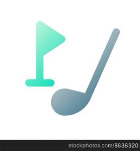 Golf driver and cup tag pixel perfect flat gradient two-color ui icon. Equipment for sports game. Simple filled pictogram. GUI, UX design for mobile application. Vector isolated RGB illustration. Golf driver and cup tag pixel perfect flat gradient two-color ui icon